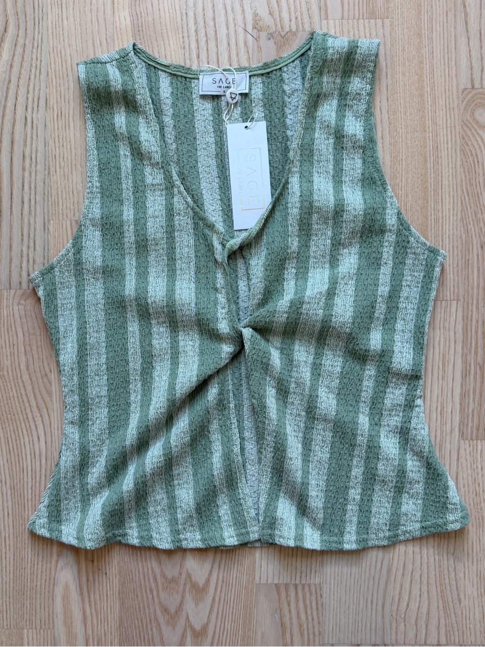NWT Sage Striped Knit Twist-Front Tank Top - Sage Green